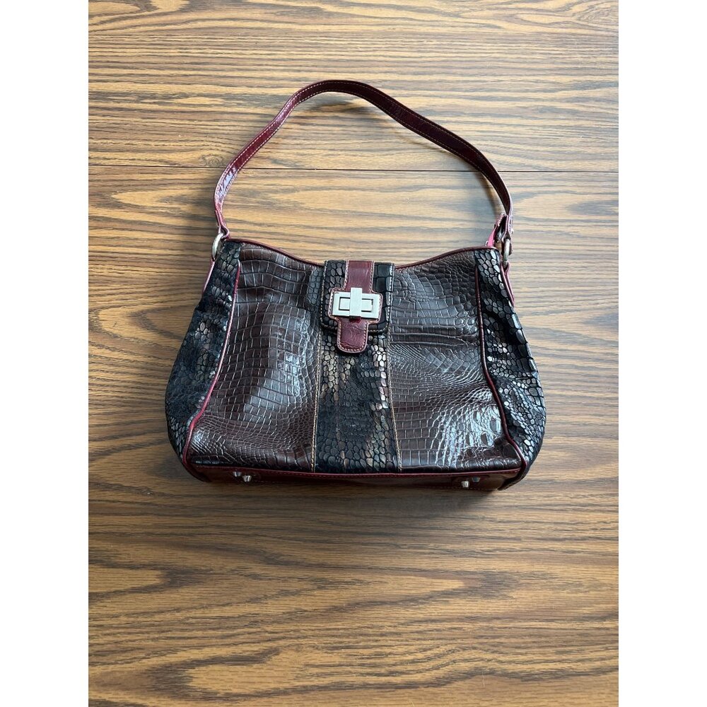 M. C. Marc Chantal burgundy brown faux crocodile zippered handbag
